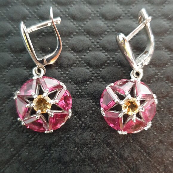 Vintage Genuine Natural Red Spinel & Citrine 925 Sterling Silver Dangle Earrings - Picture 1 of 13